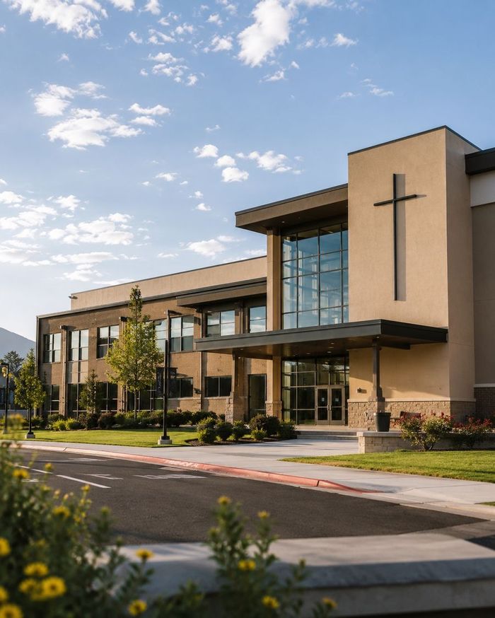 A church campus at golden hour