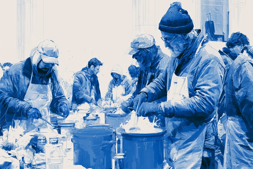 Volunteers serving meals at a community kitchen