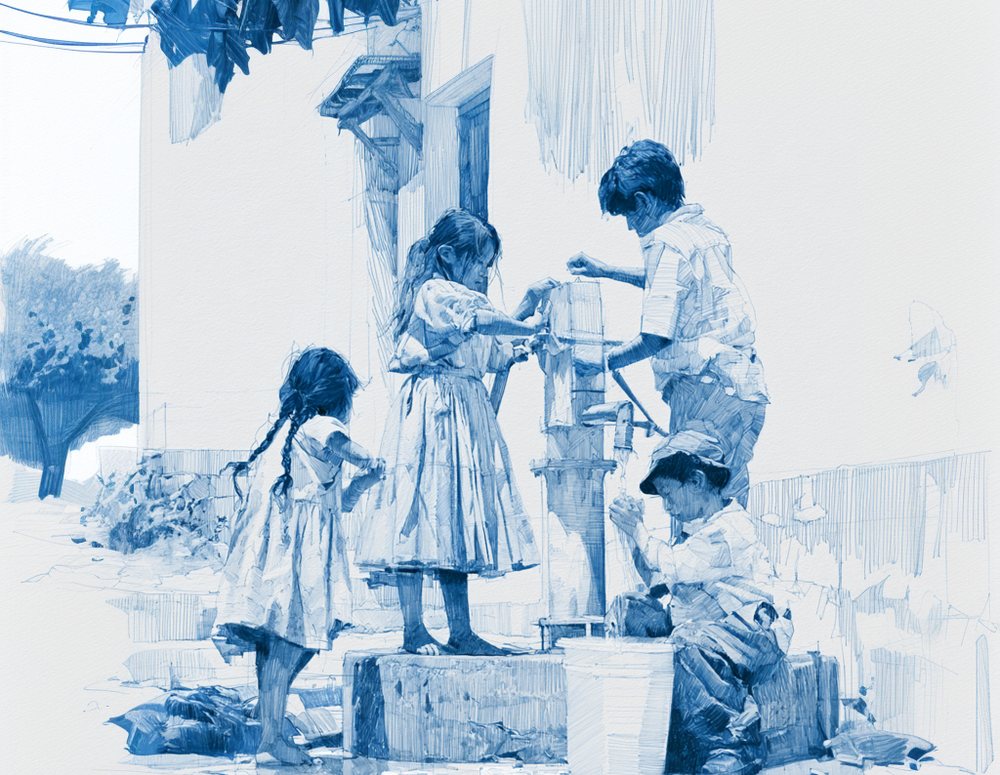 Children gathering water at a village hand pump