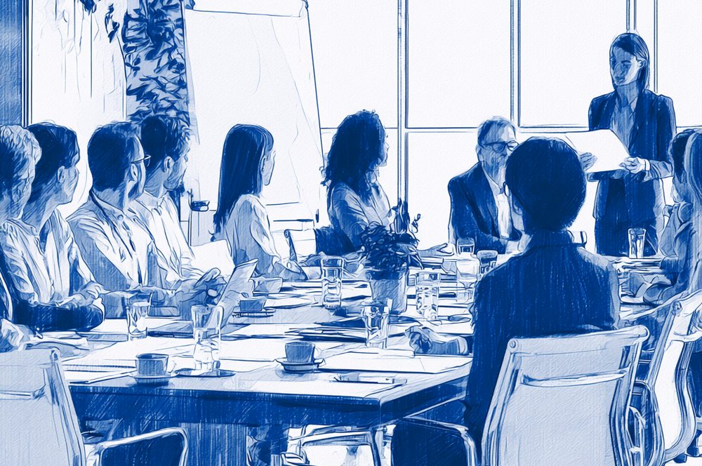 A wealth management team meeting in a glass-walled boardroom